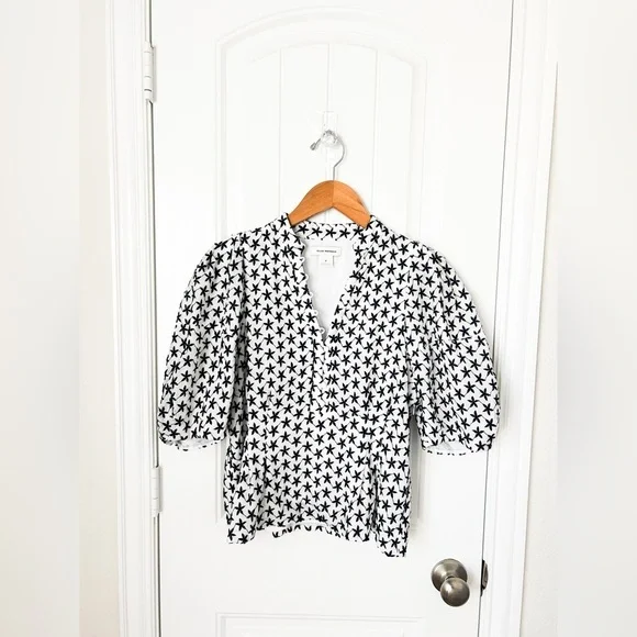 Club Monaco Embroidered Balloon Sleeve Top White Navy Size Small - Picture 4 of 5